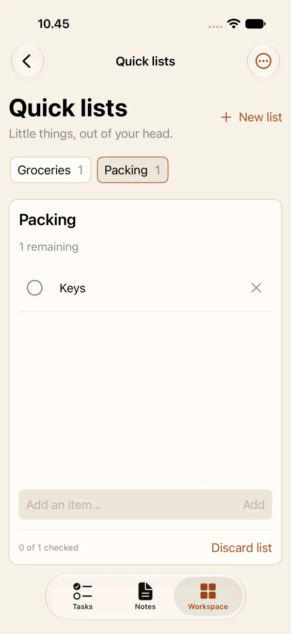 zdo on iPhone showing Quick lists: a Packing list with one item, Keys, and a Discard list button.