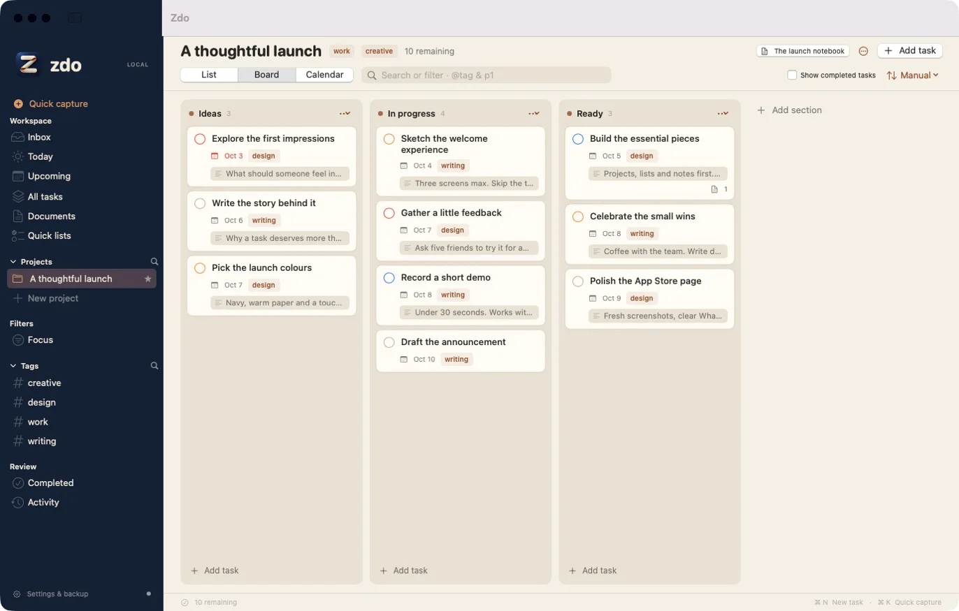 The zdo Mac app showing a project called A thoughtful launch as a board with Ideas, In progress, and Ready columns. Each task card shows its date, tag, and a preview of its description.